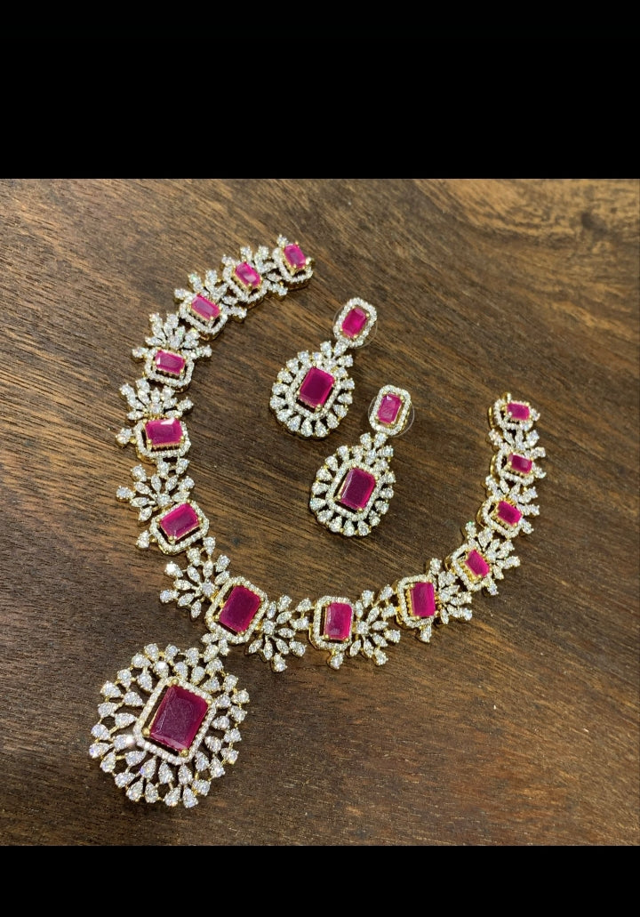 Stunning Green Stone Necklace & Earrings Set with American Diamonds