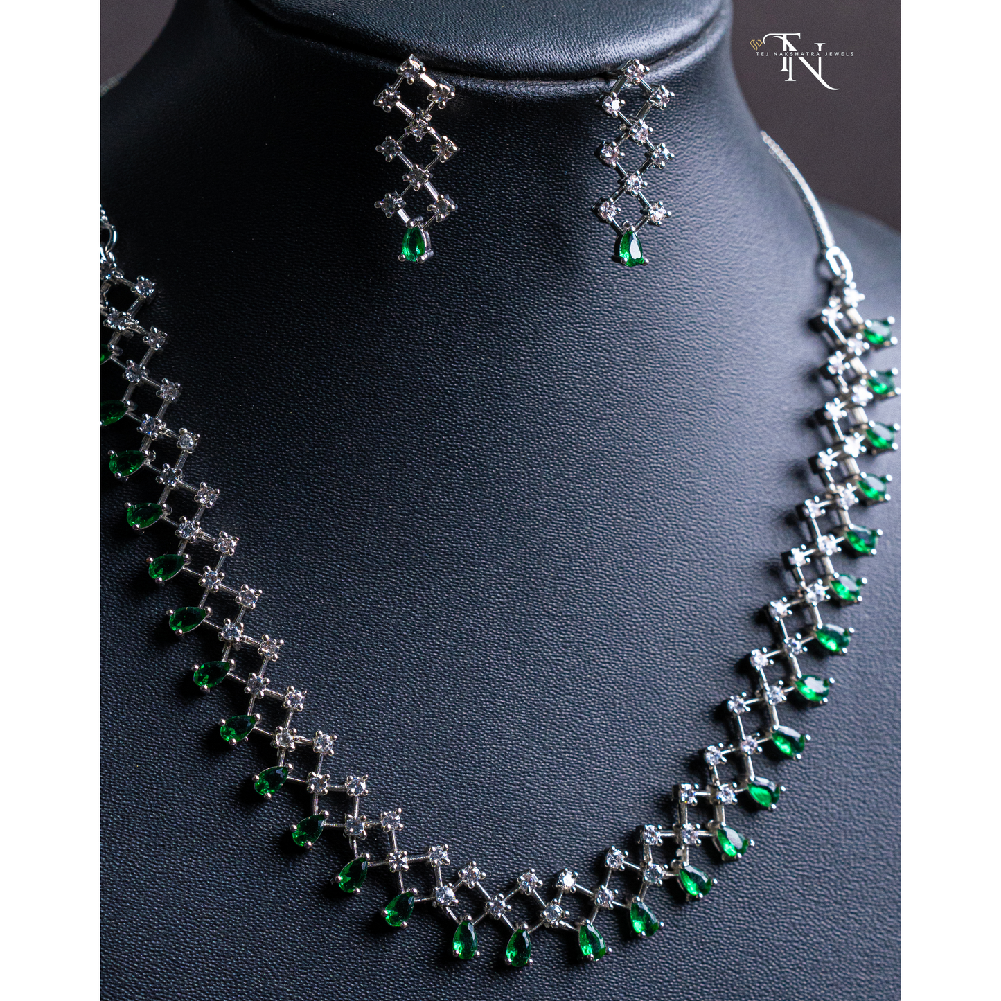Elegant American Diamond Sleek Necklace with White & Green Stones