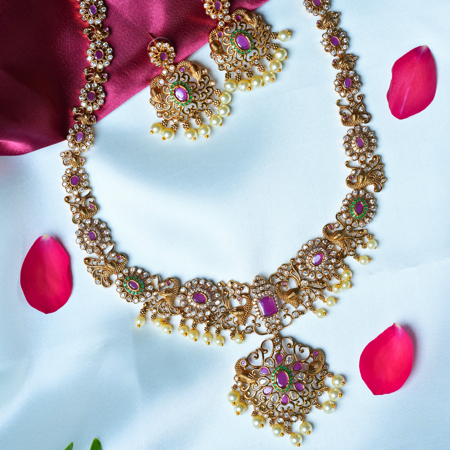 Glamorous Gold-Like Long Haram with White Pearls and Pink-Green Stones