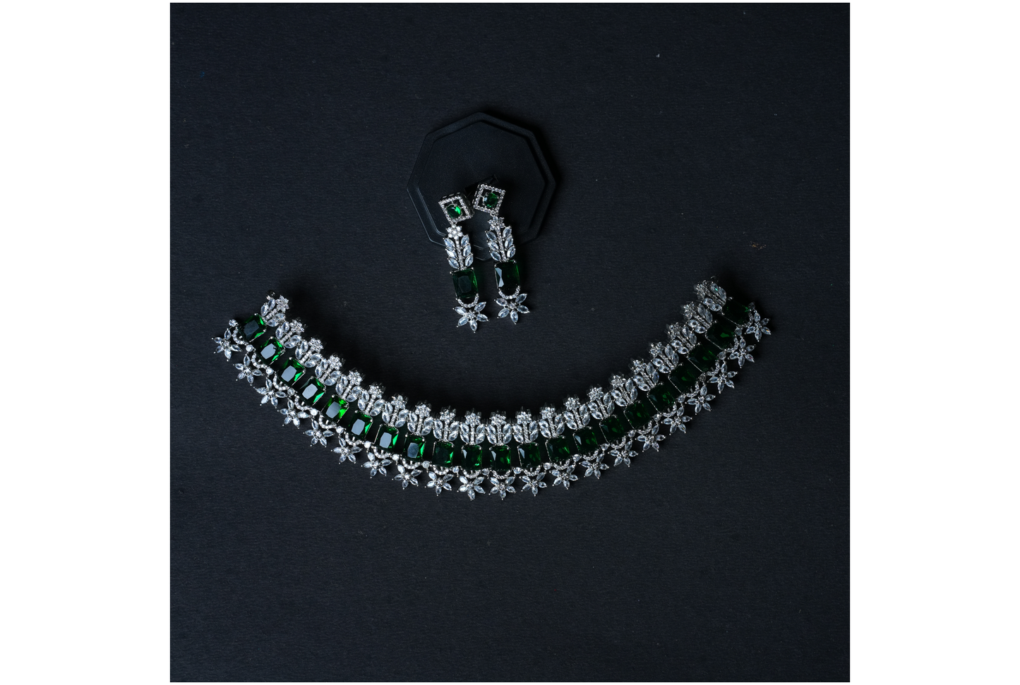 Glamorous American Diamond Choker & Earrings Set with Green and White Doublet Stones