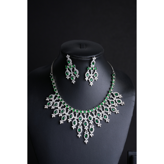Elegant American Diamond Necklace with White & Green Stones
