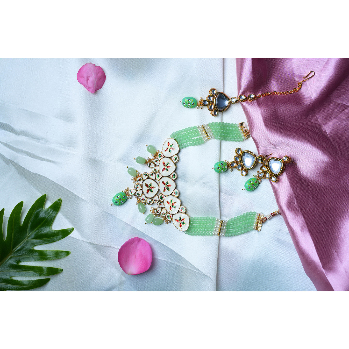 Mint green Bead Necklace Set with Tiani Kundan, Earrings, and Tikka (Reversible Design)