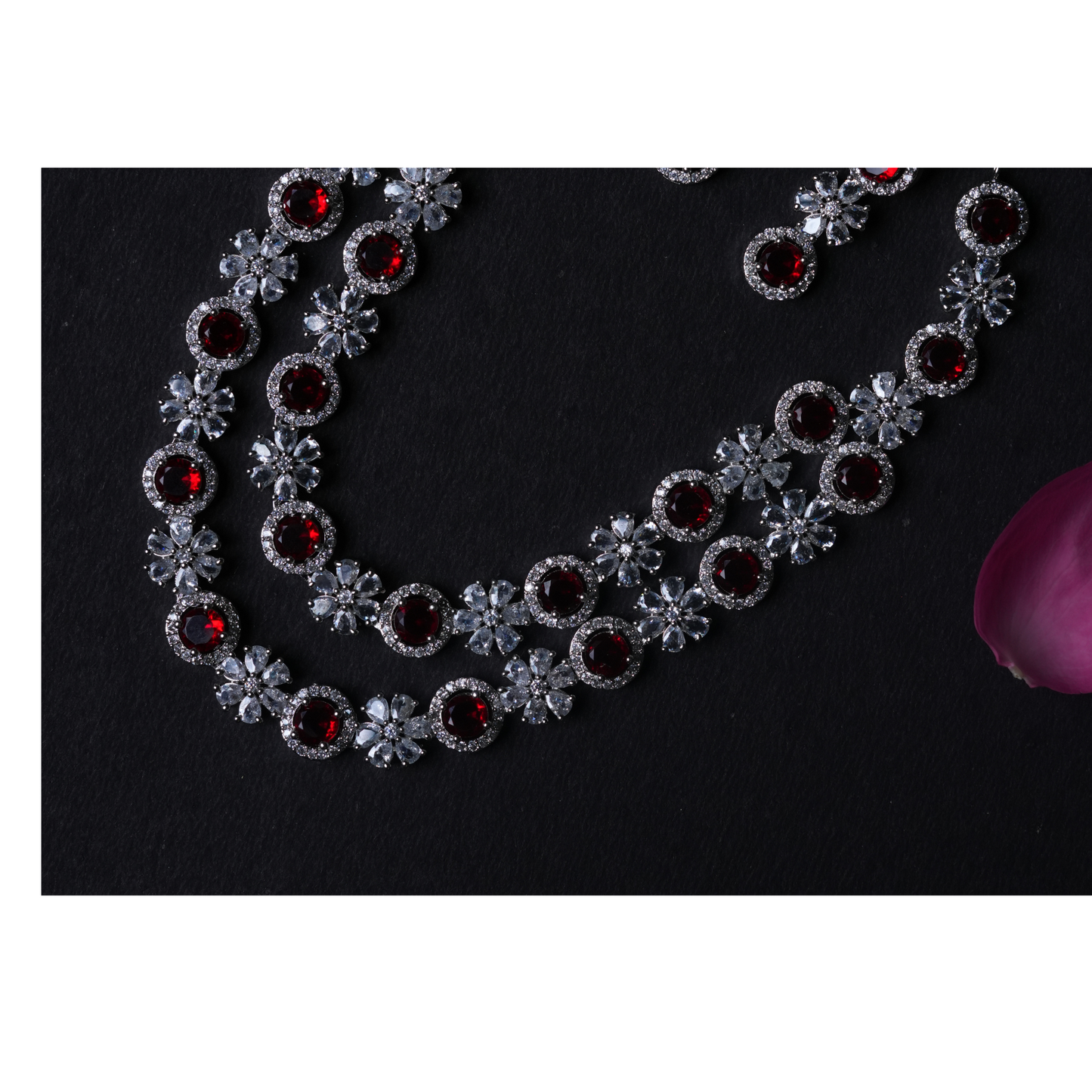 Elegant 2-Line American Diamond Necklace & Earrings Set with Red Stones