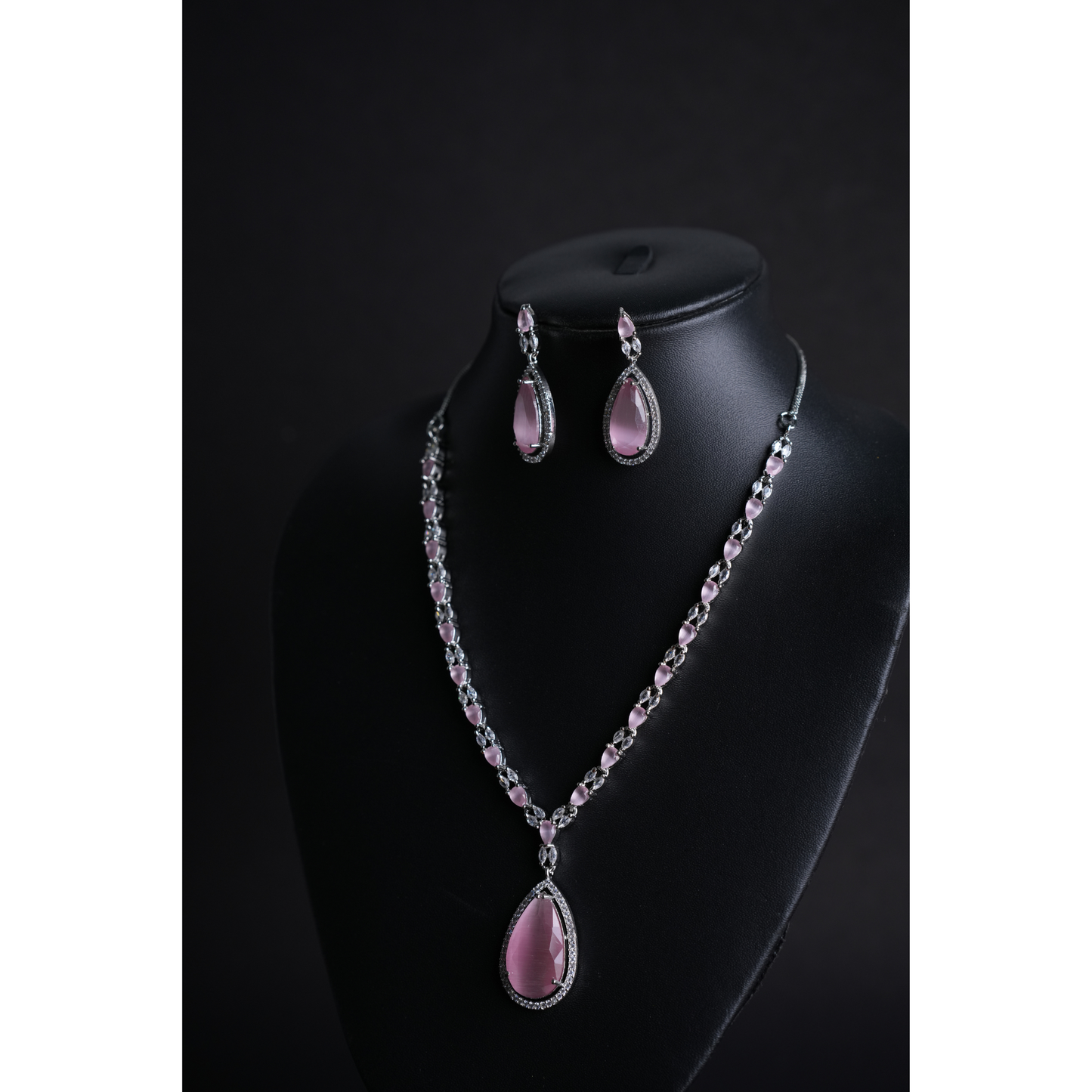 Sleek American Diamond Necklace with Light Pink & White Stone Pendant