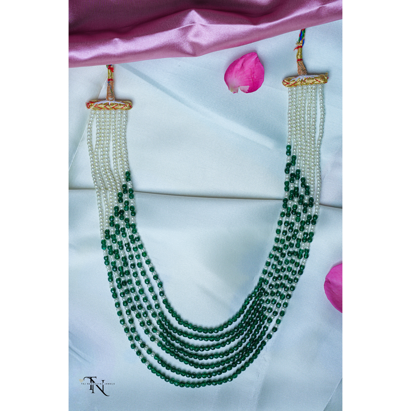 Elegant Green & White Bead Mala Necklace (7 layered)