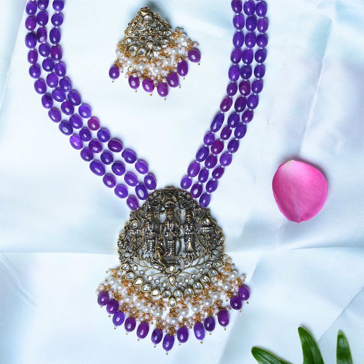 Elegant Ramparivar Purple Bead Haram Set with Victorian Pendant & Earrings