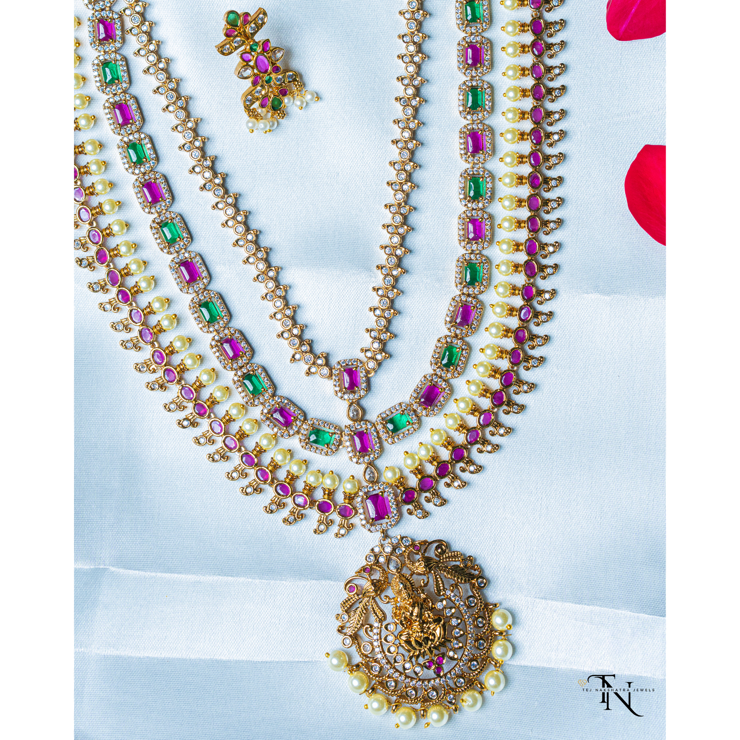 Elegant Designer Long Necklace Set with Multicolored Stones