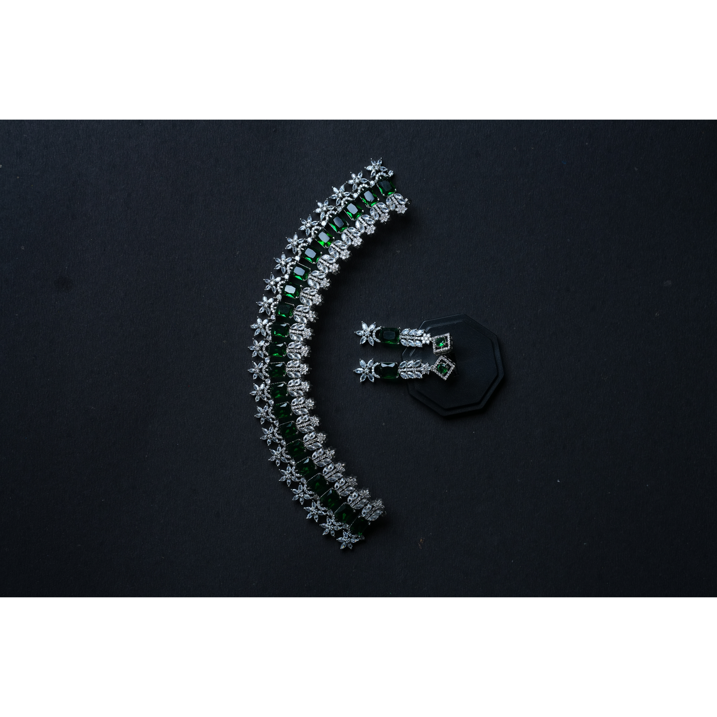 Glamorous American Diamond Choker & Earrings Set with Green and White Doublet Stones