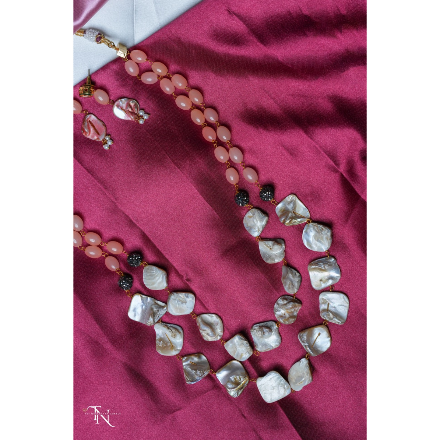 Monalisa Pink Beads & Shells 2-Layered Long Haram Necklace with earrings.