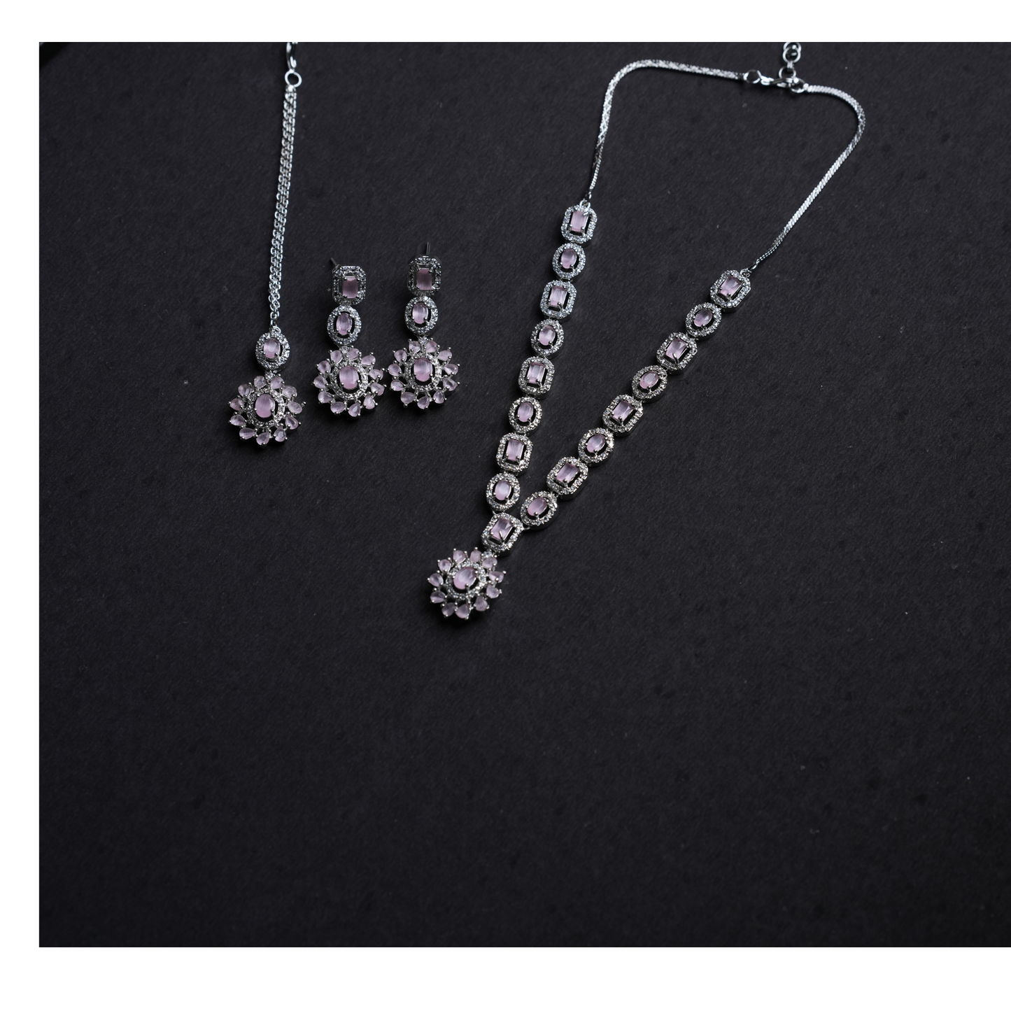 Elegant American Diamond Necklace, Earrings & Tikka Set with Light Pink & White Stones