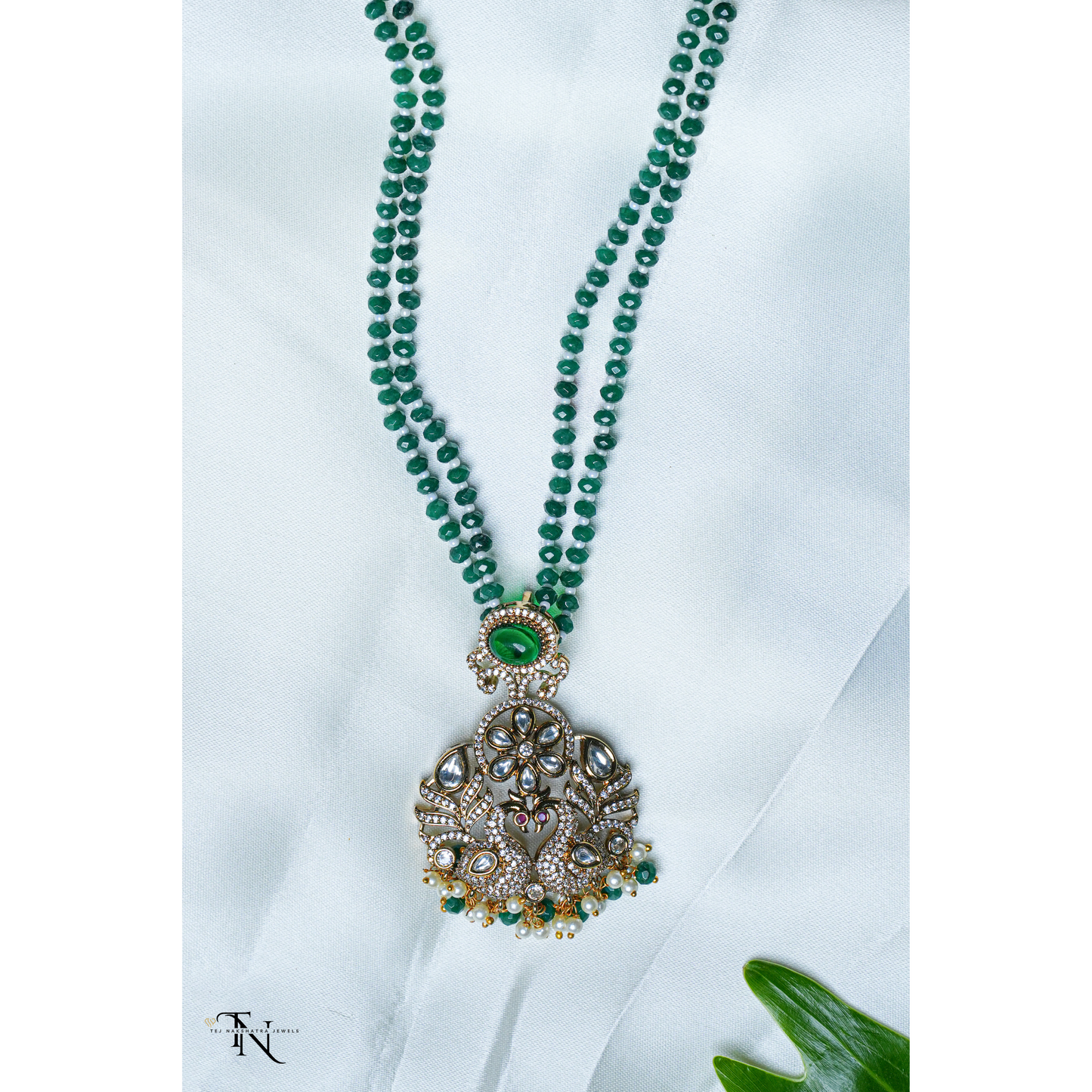 Green Bead Necklace with Victorian Polish Pendant & Matching Earrings