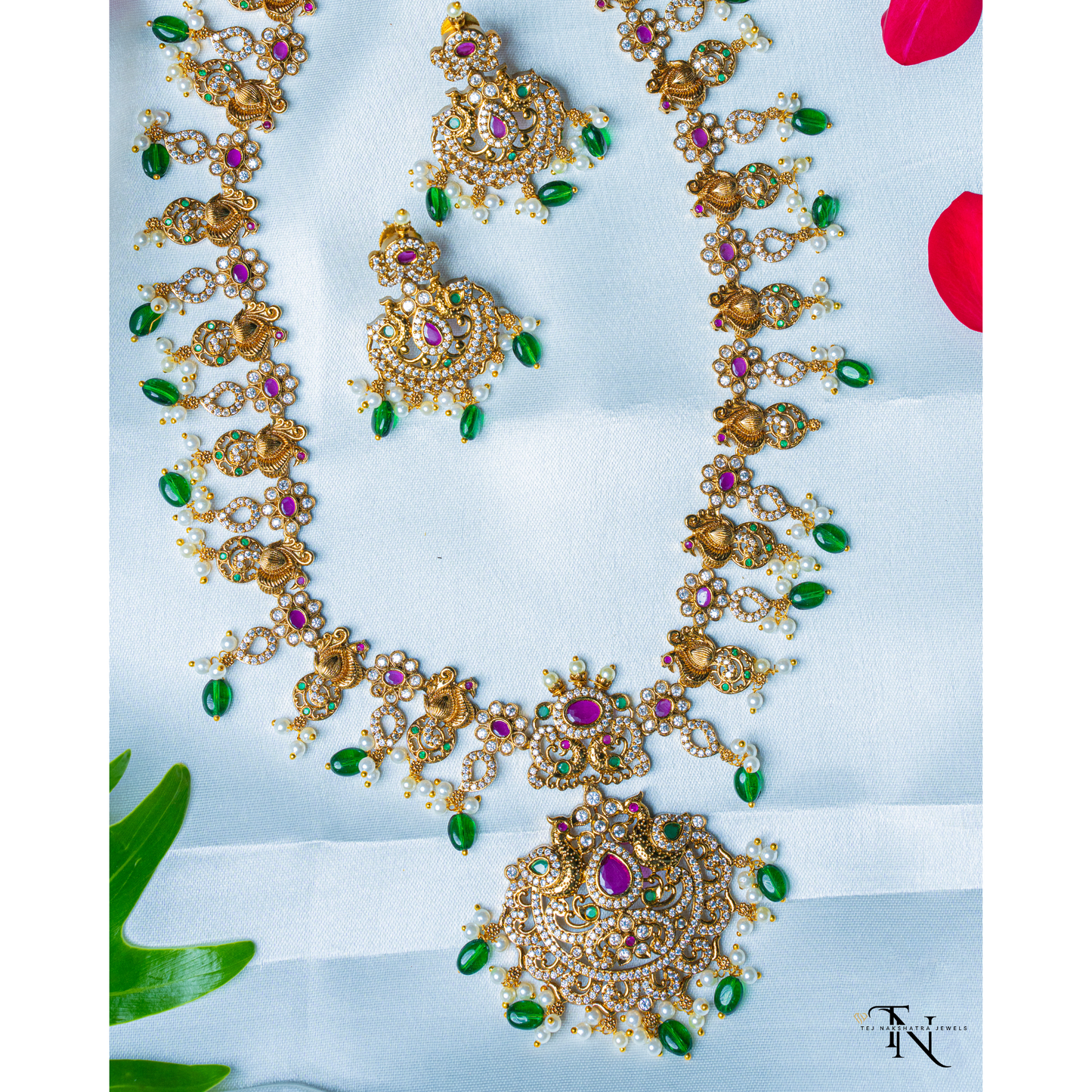 Long Necklace with Pink Stones & Green Monalisa Beads with Matching Earrings