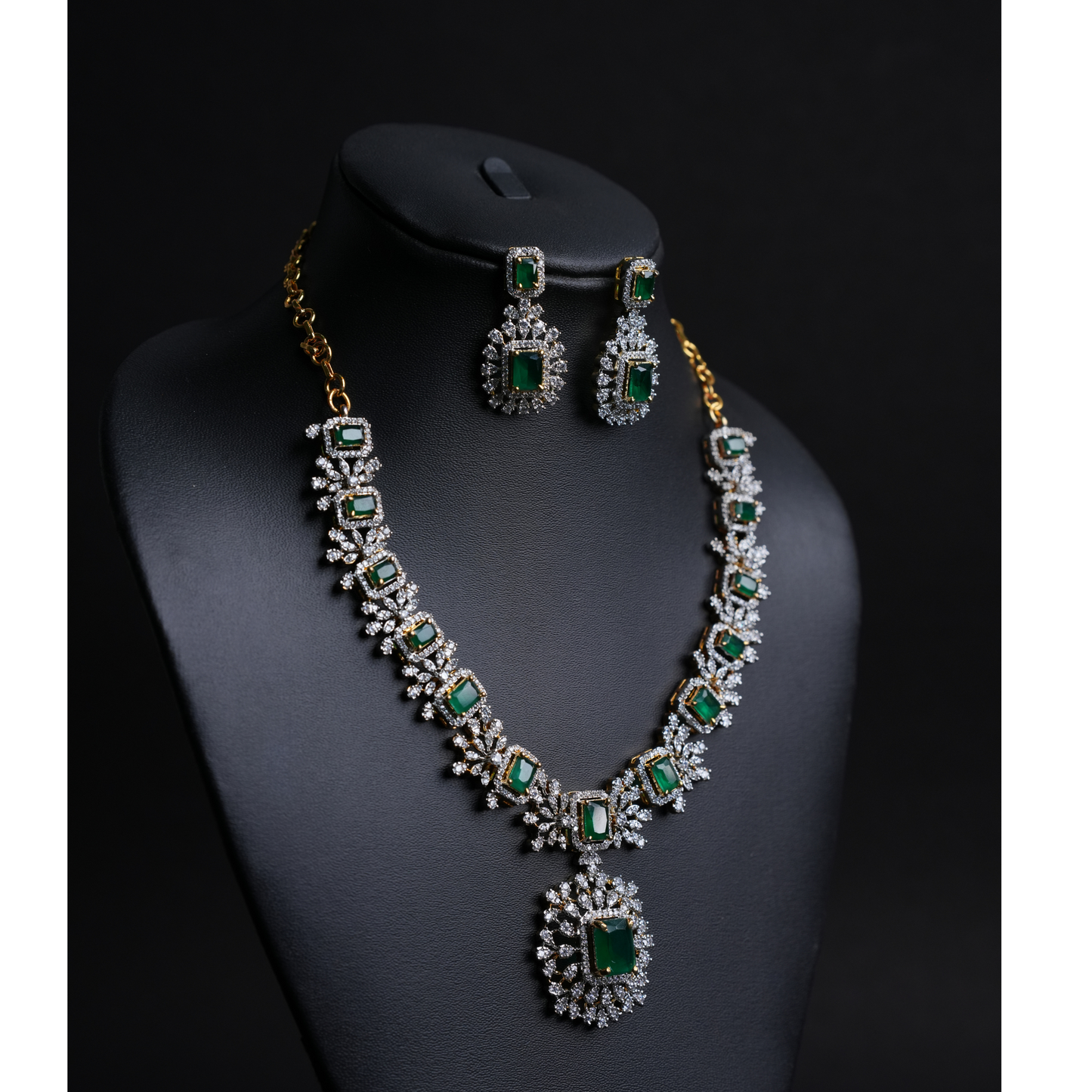 Stunning Green Stone Necklace & Earrings Set with American Diamonds