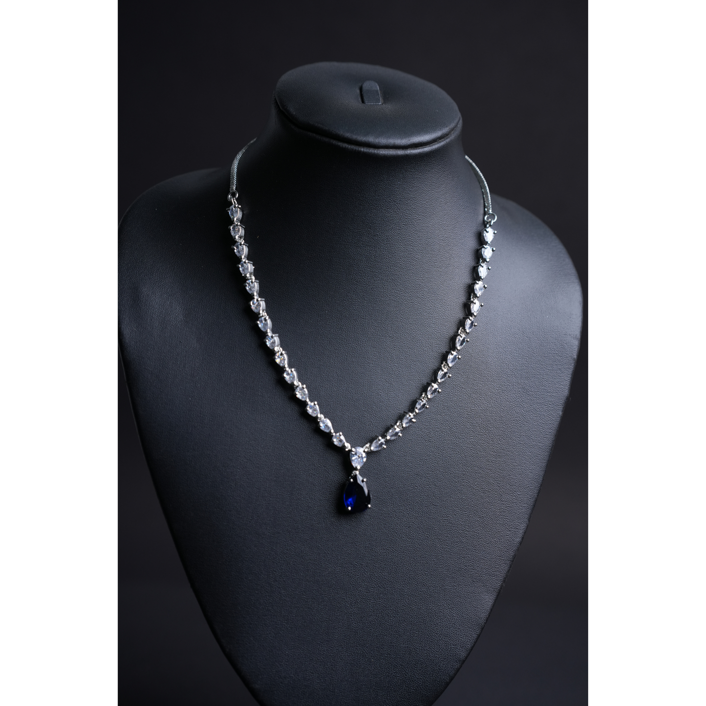 Stunning American Diamond Necklace & Earrings Set with Dark Blue & White Stones