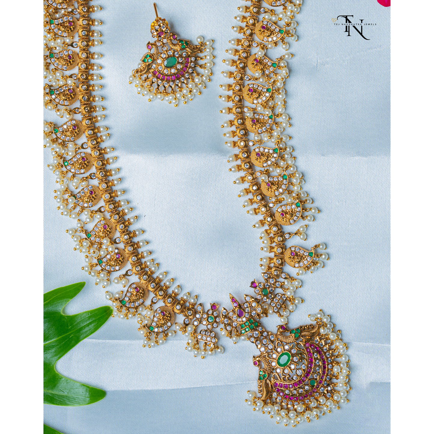 Kempu Guthapoosala Haram Necklace with Earrings