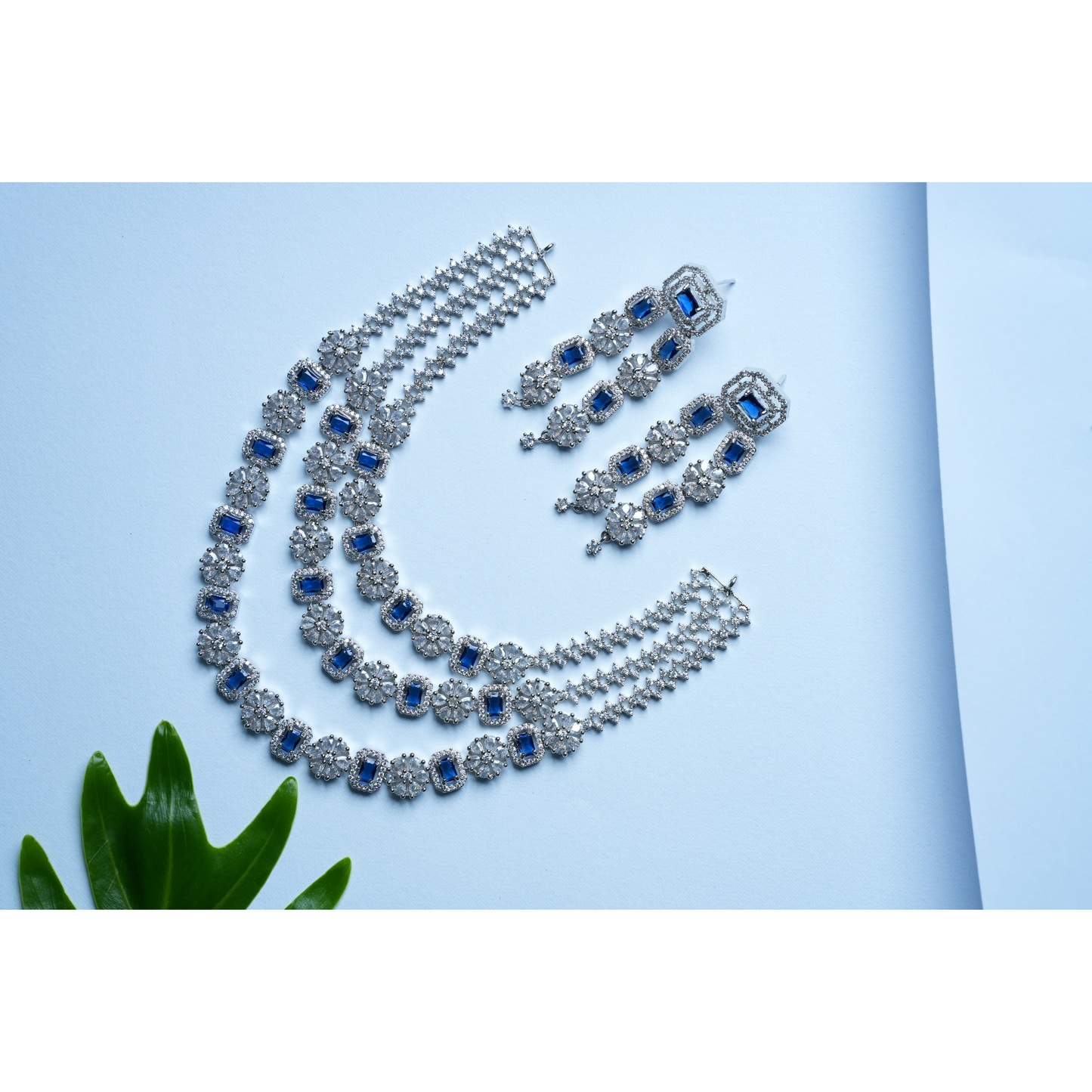 Glamorous 3-Layer Blue American Diamond Jewelry Set with Earrings