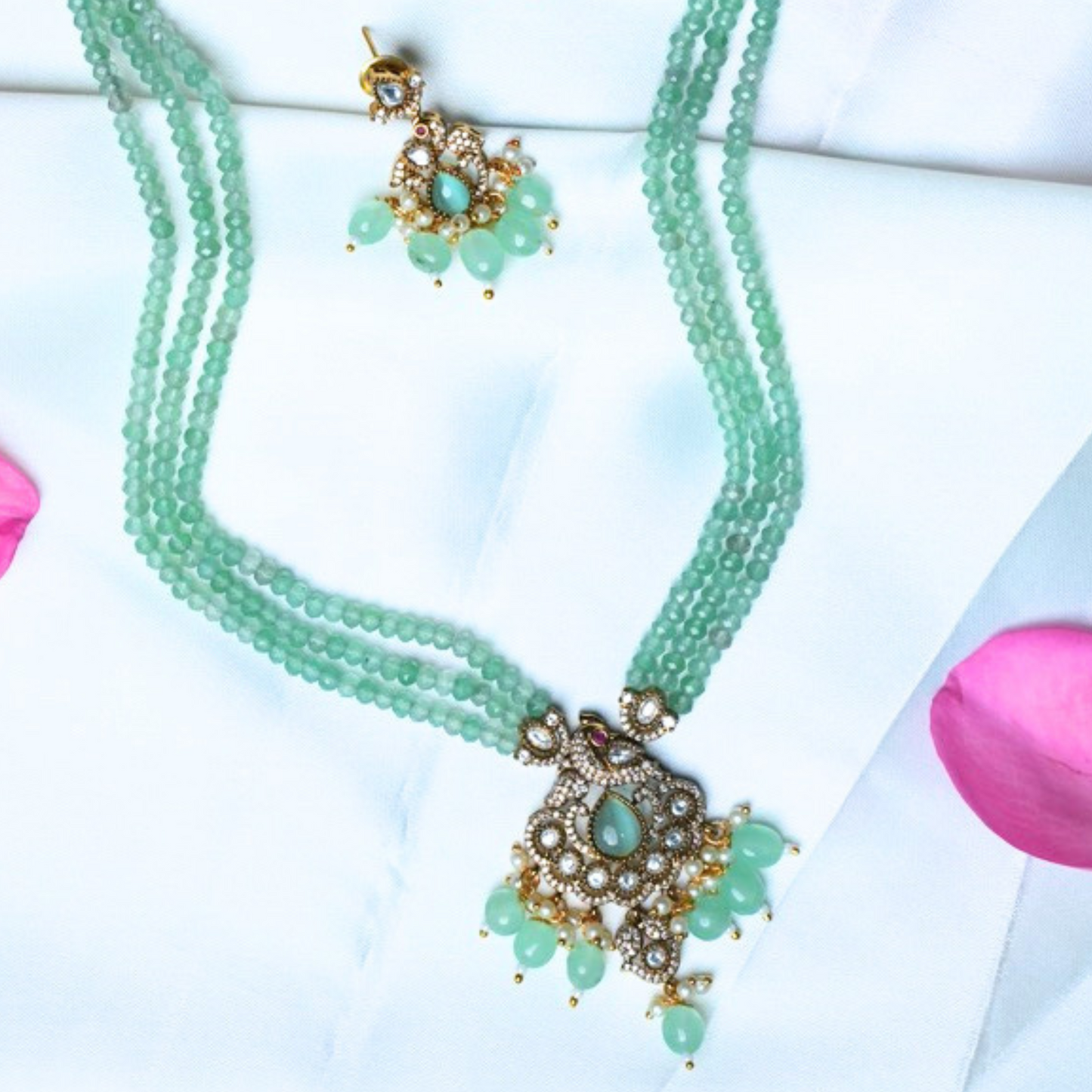 3-Line Mint Green Bead Haram Set with Intricate Victorian Pendant & Earrings
