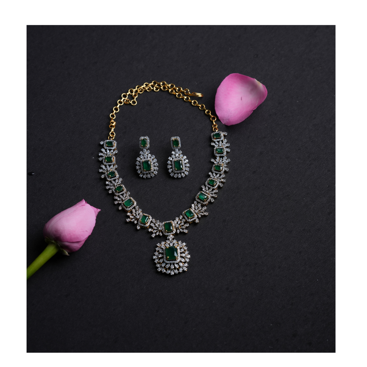 Stunning Green Stone Necklace & Earrings Set with American Diamonds