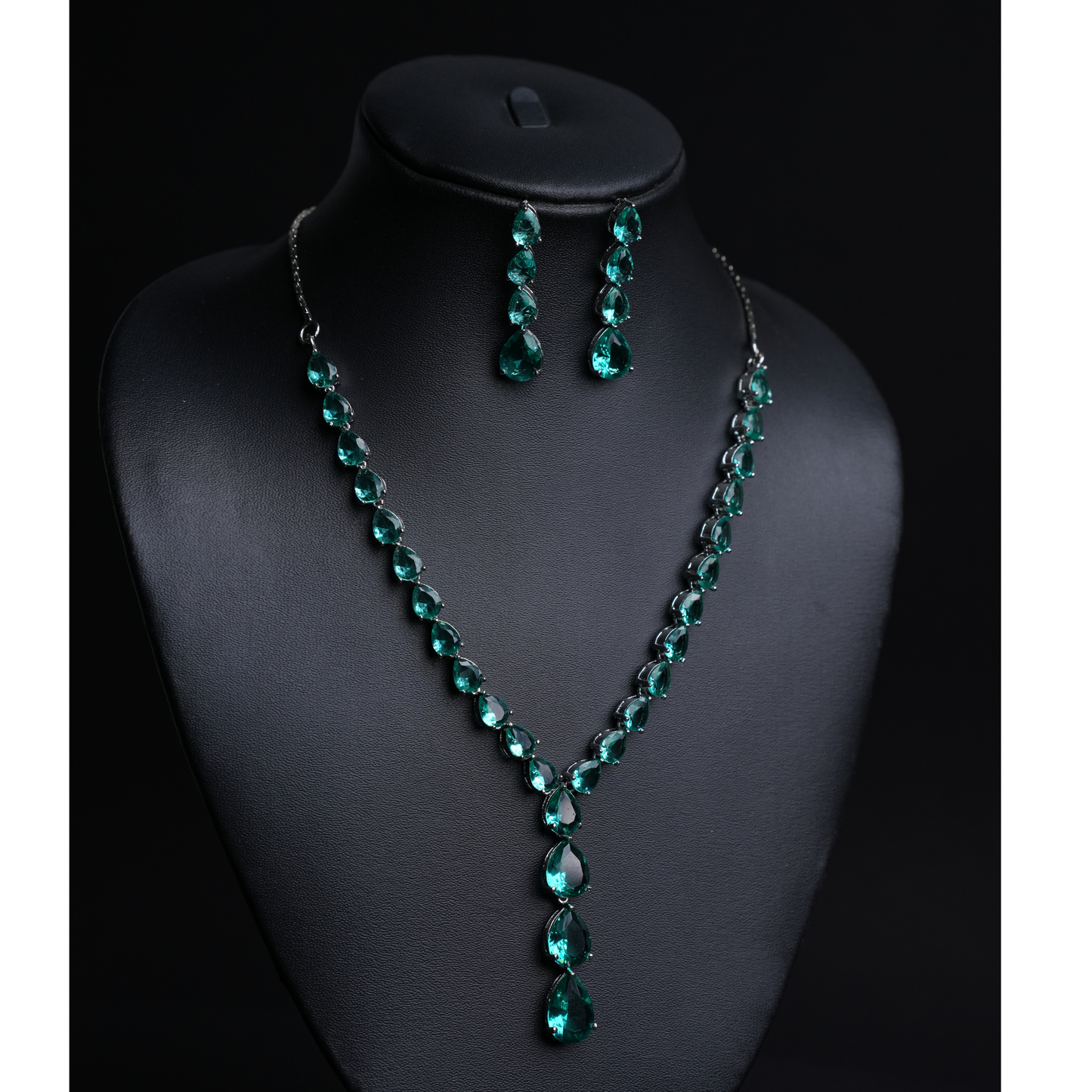 Vibrant Rama Green Stone American Diamond Necklace & Earrings Set