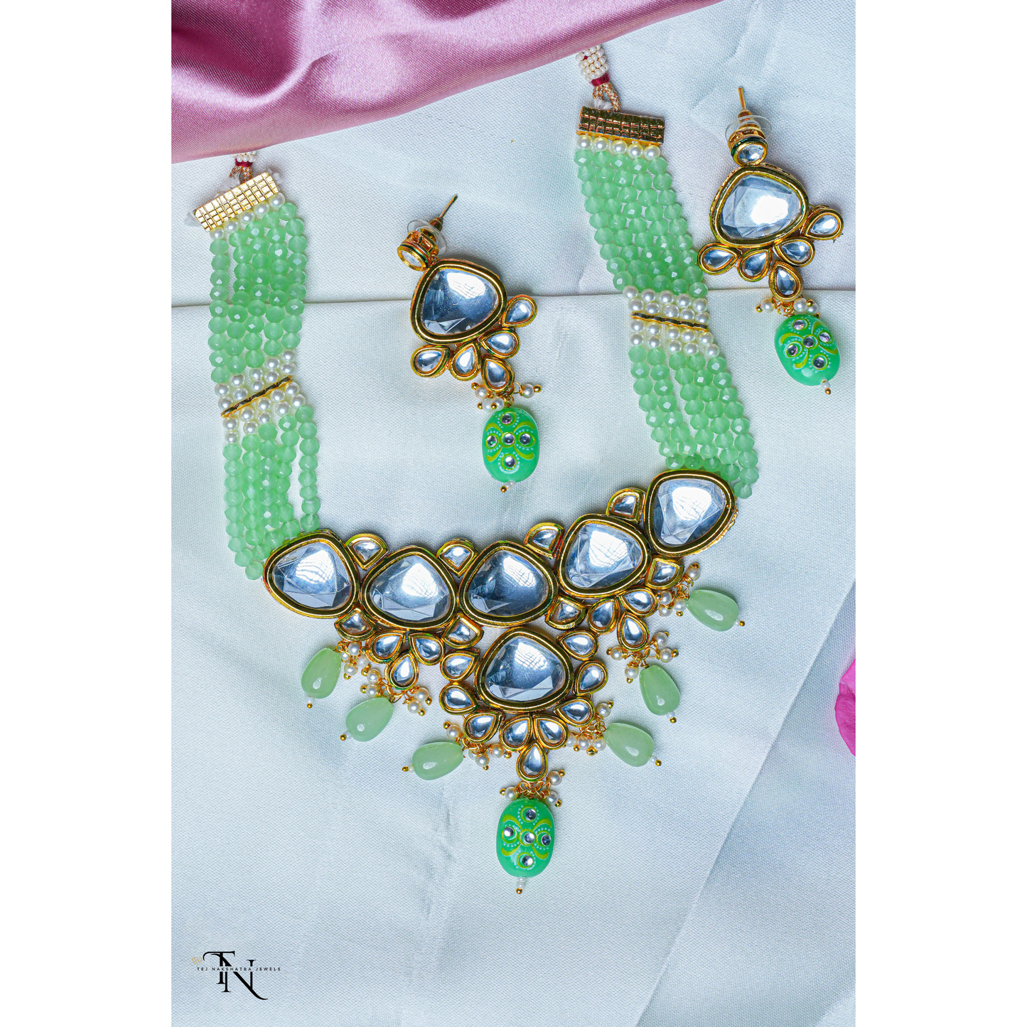 Mint green Bead Necklace Set with Tiani Kundan, Earrings, and Tikka (Reversible Design)