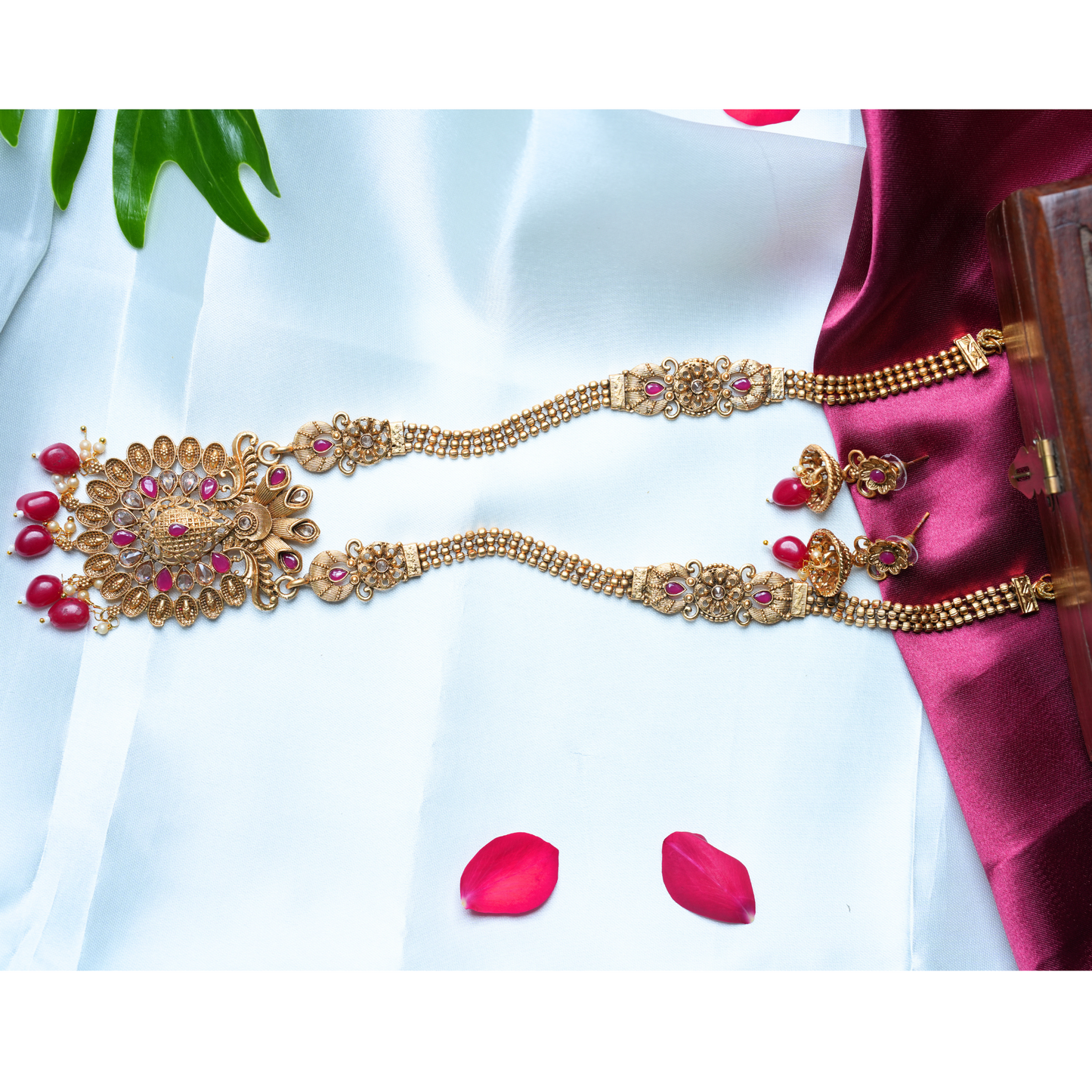 Chic Gold-Alike Long Haram with Red Beads for a Classic Look