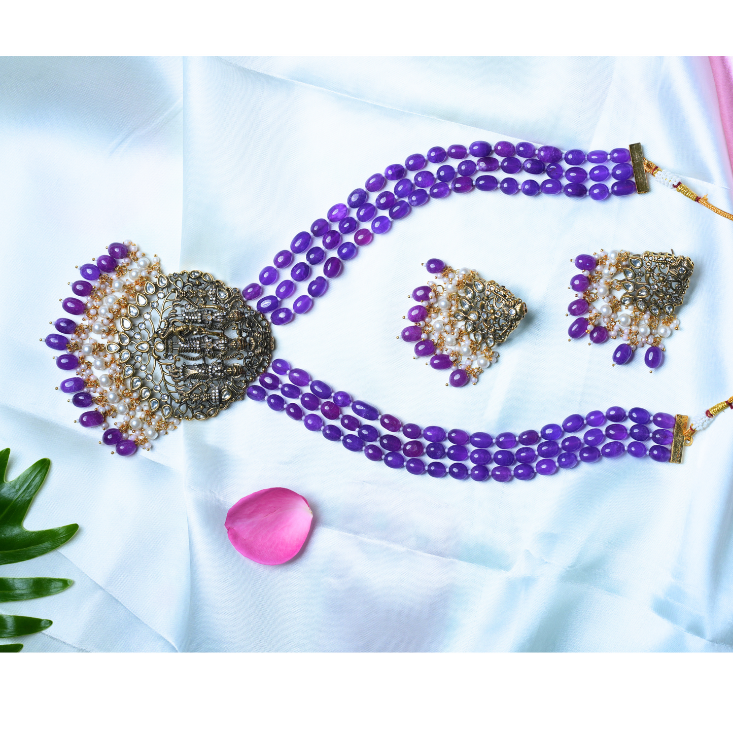 Elegant Ramparivar Purple Bead Haram Set with Victorian Pendant & Earrings