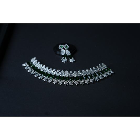 Glamorous American Diamond Choker & Earrings Set with Green and White Doublet Stones