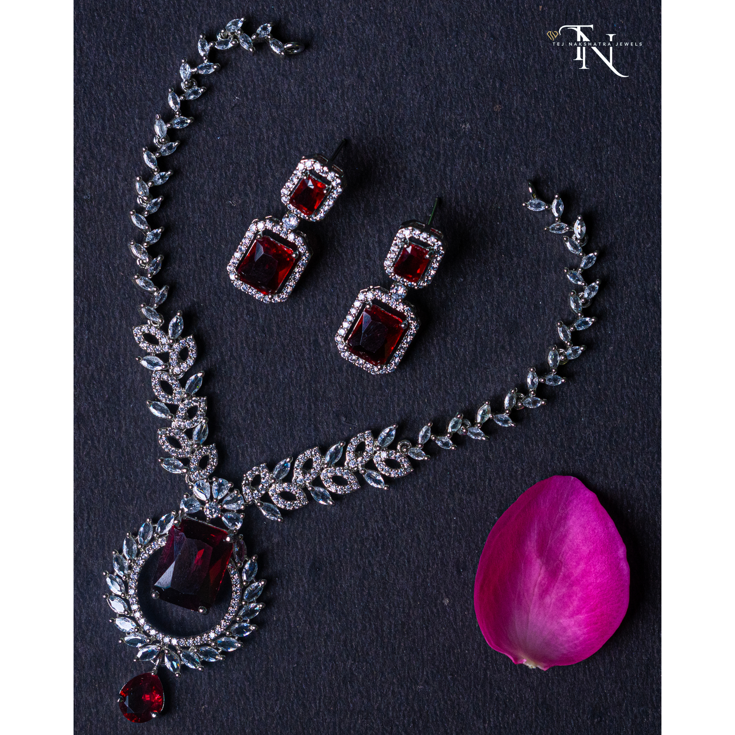 Stunning American Diamond Necklace with White & Red Stones