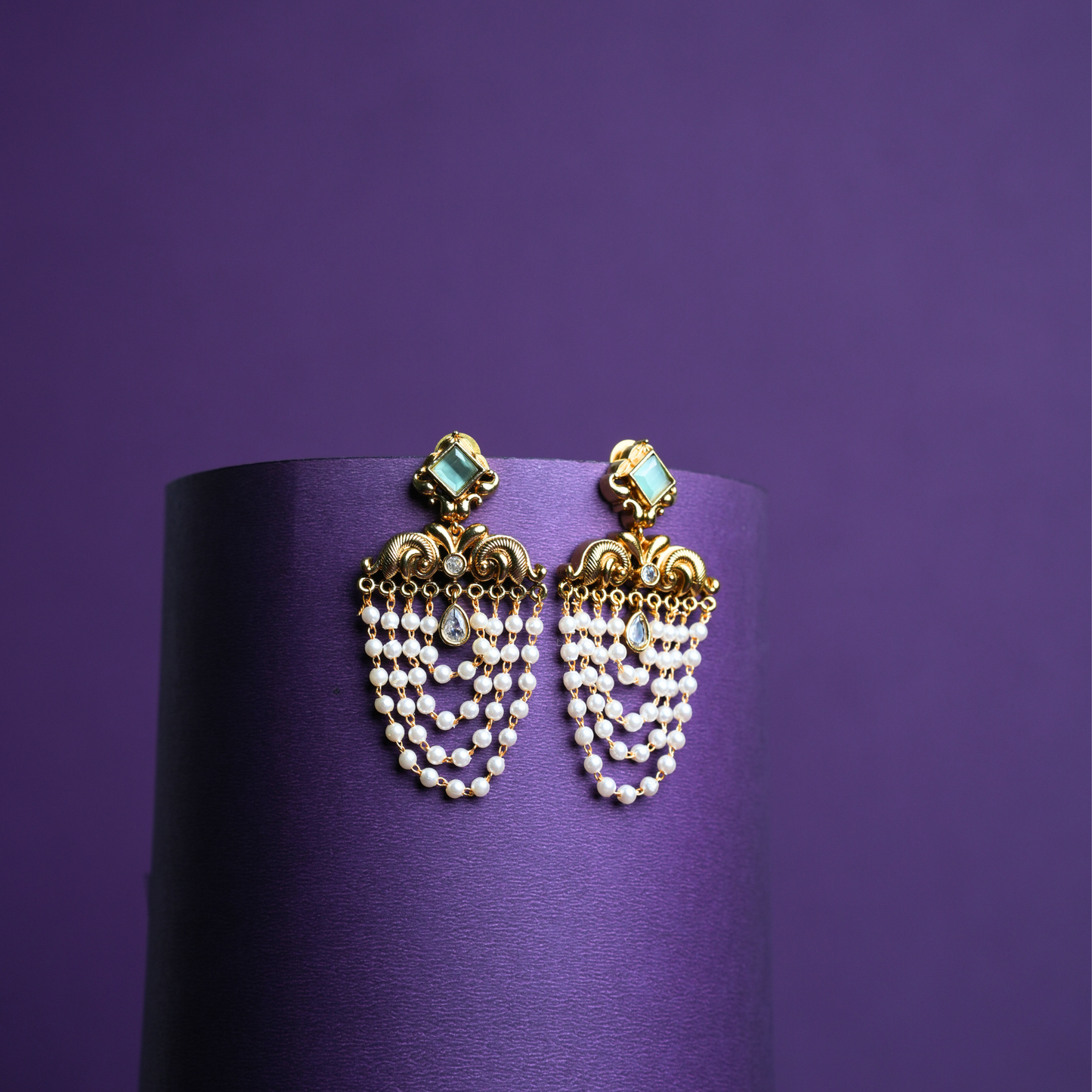 Vintage-Inspired Layered Pearl Earrings with Gemstones