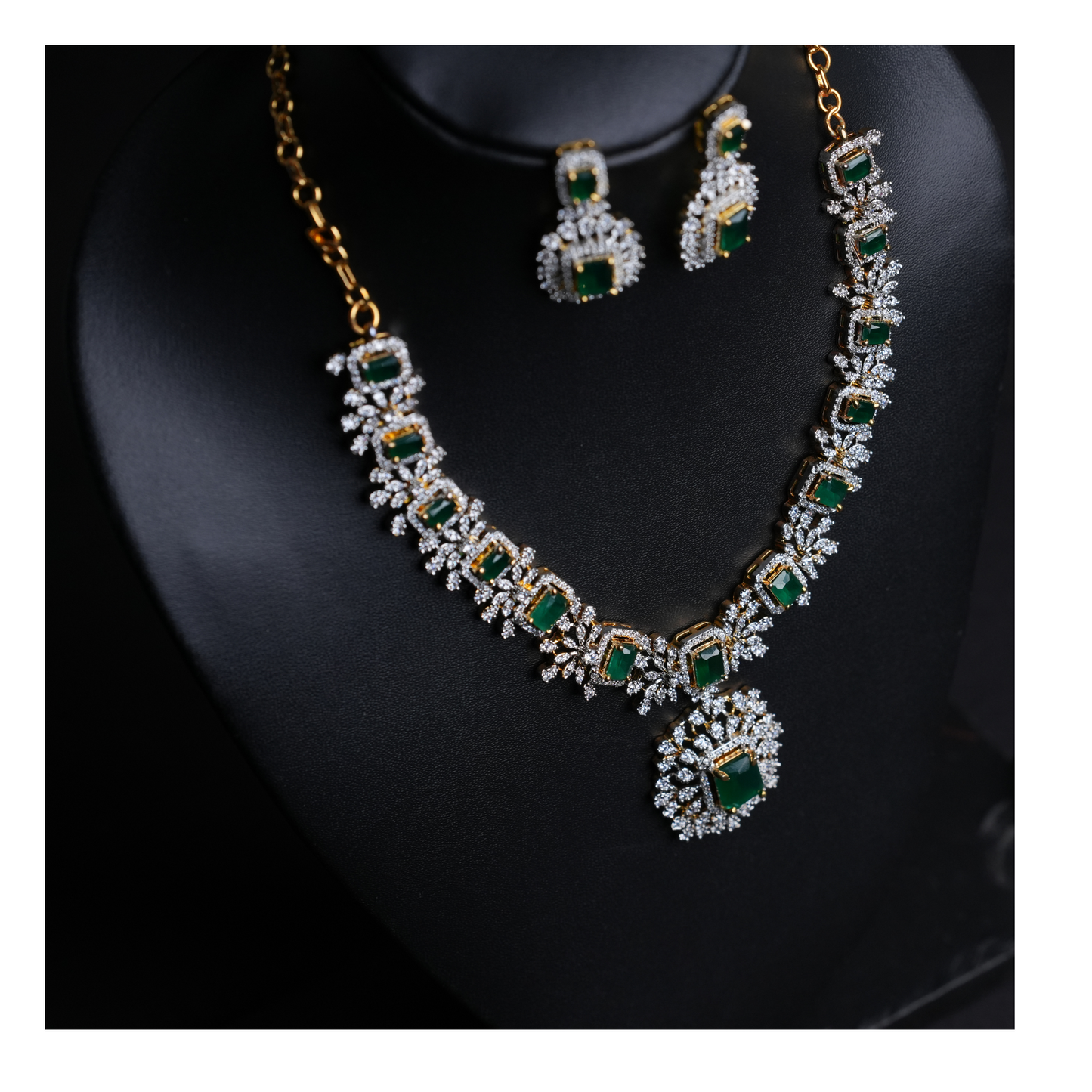 Stunning Green Stone Necklace & Earrings Set with American Diamonds