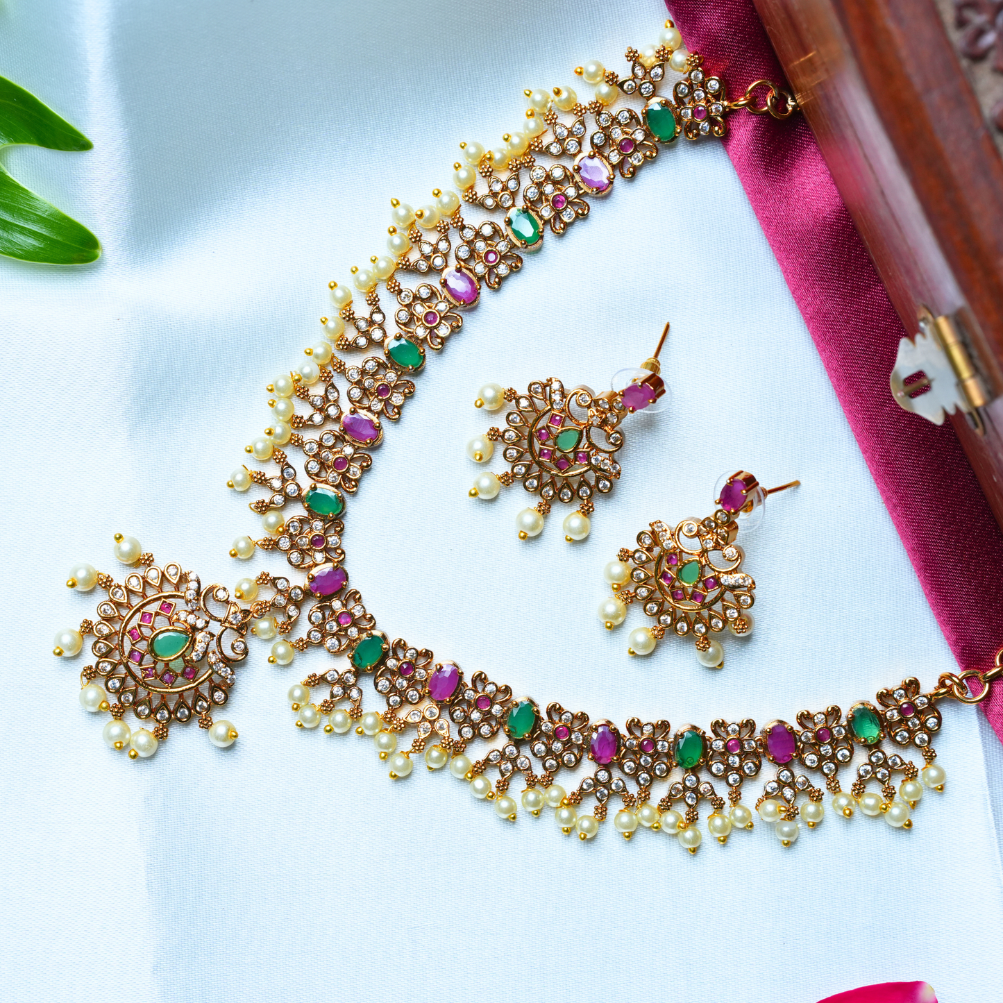 Stunning Gold-Alike Necklace with White Pearls and Colorful Pink & Green Stones