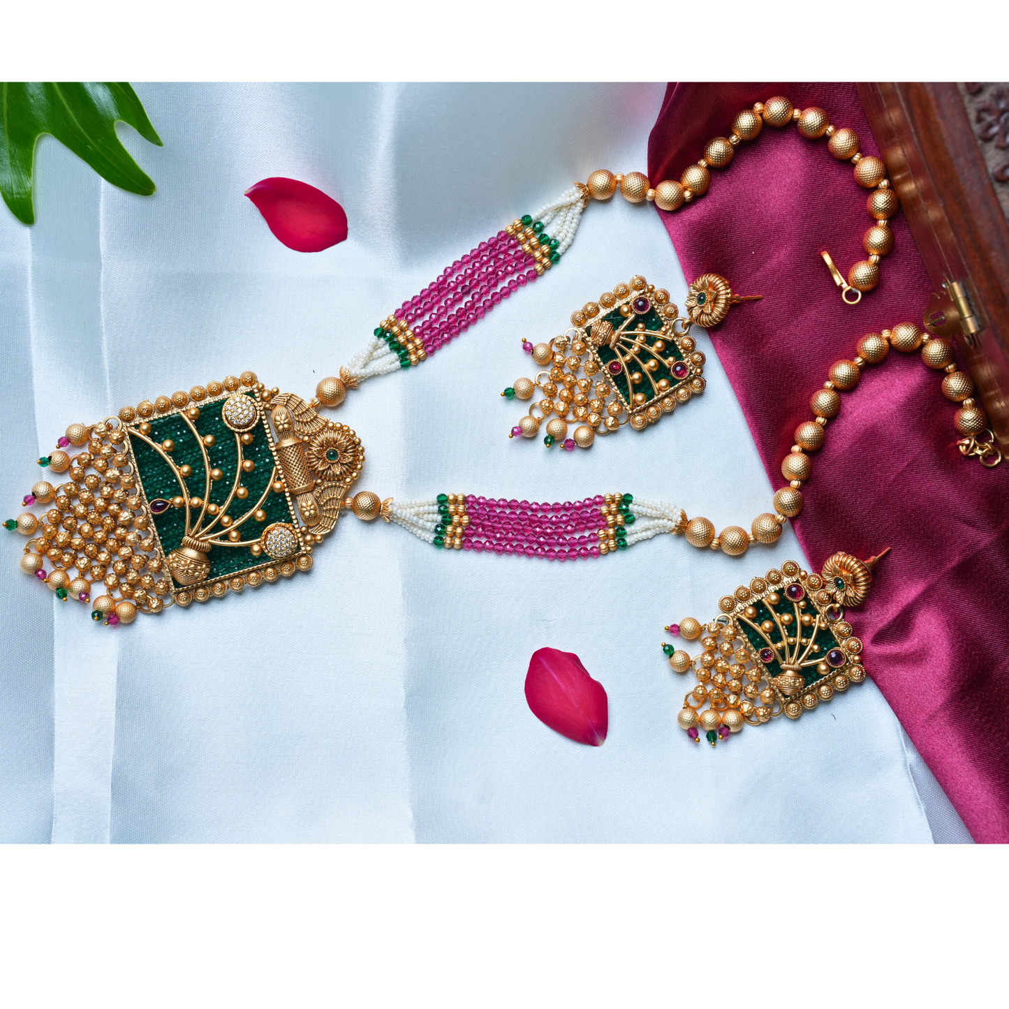 Latest Trendy Gold-Alike Long Haram with Green and Pink Beads