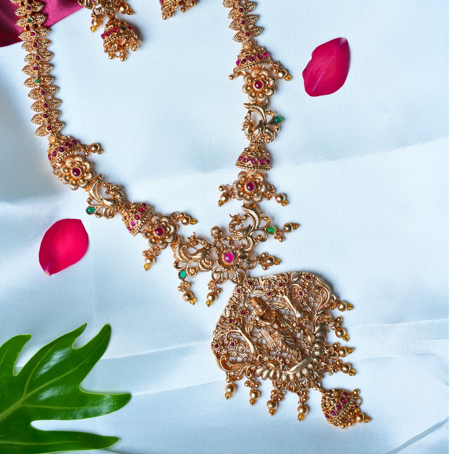 Divine Antique Krishna-Inspired Gold-Alike Long Haram with Gold-Colored Pearls