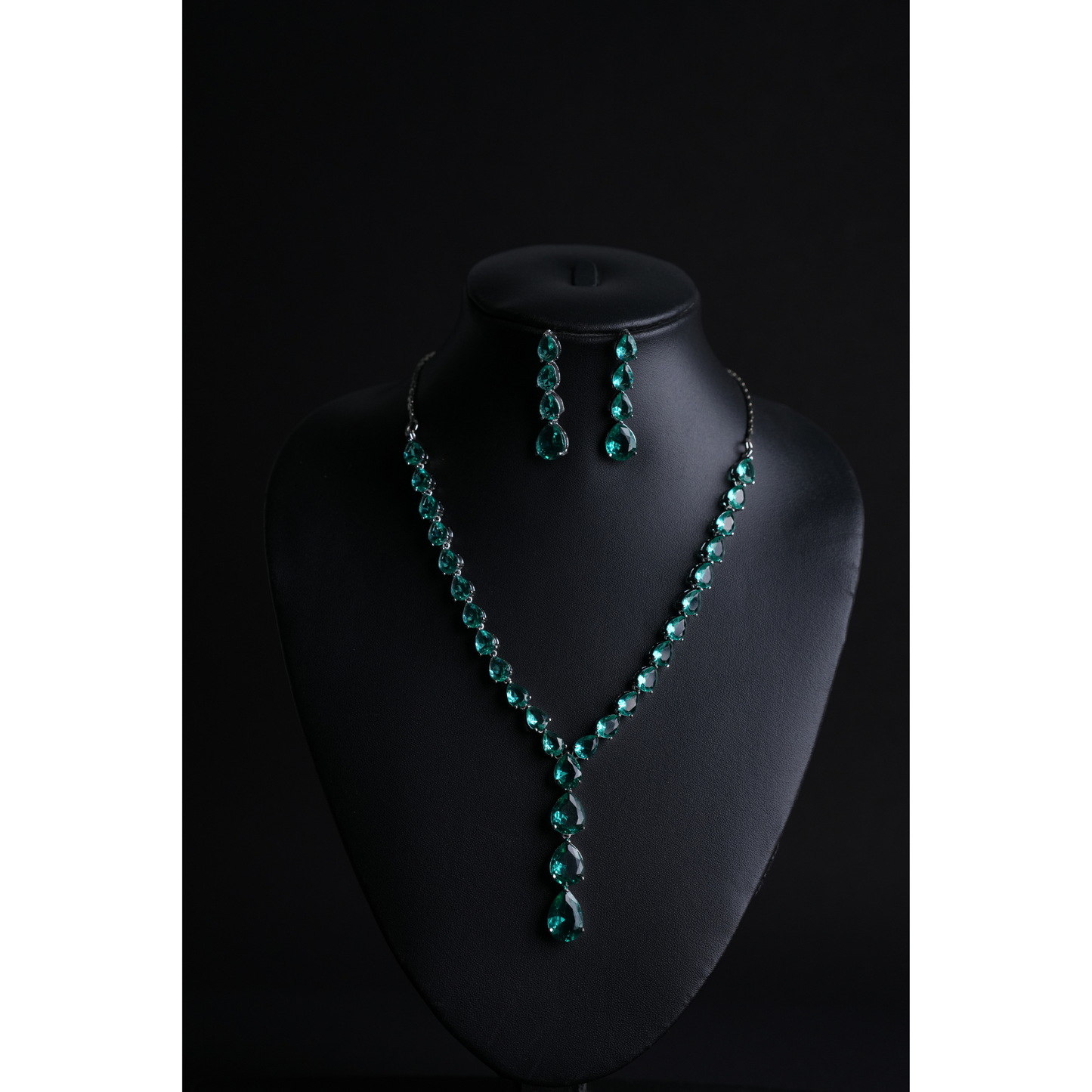 Vibrant Rama Green Stone American Diamond Necklace & Earrings Set