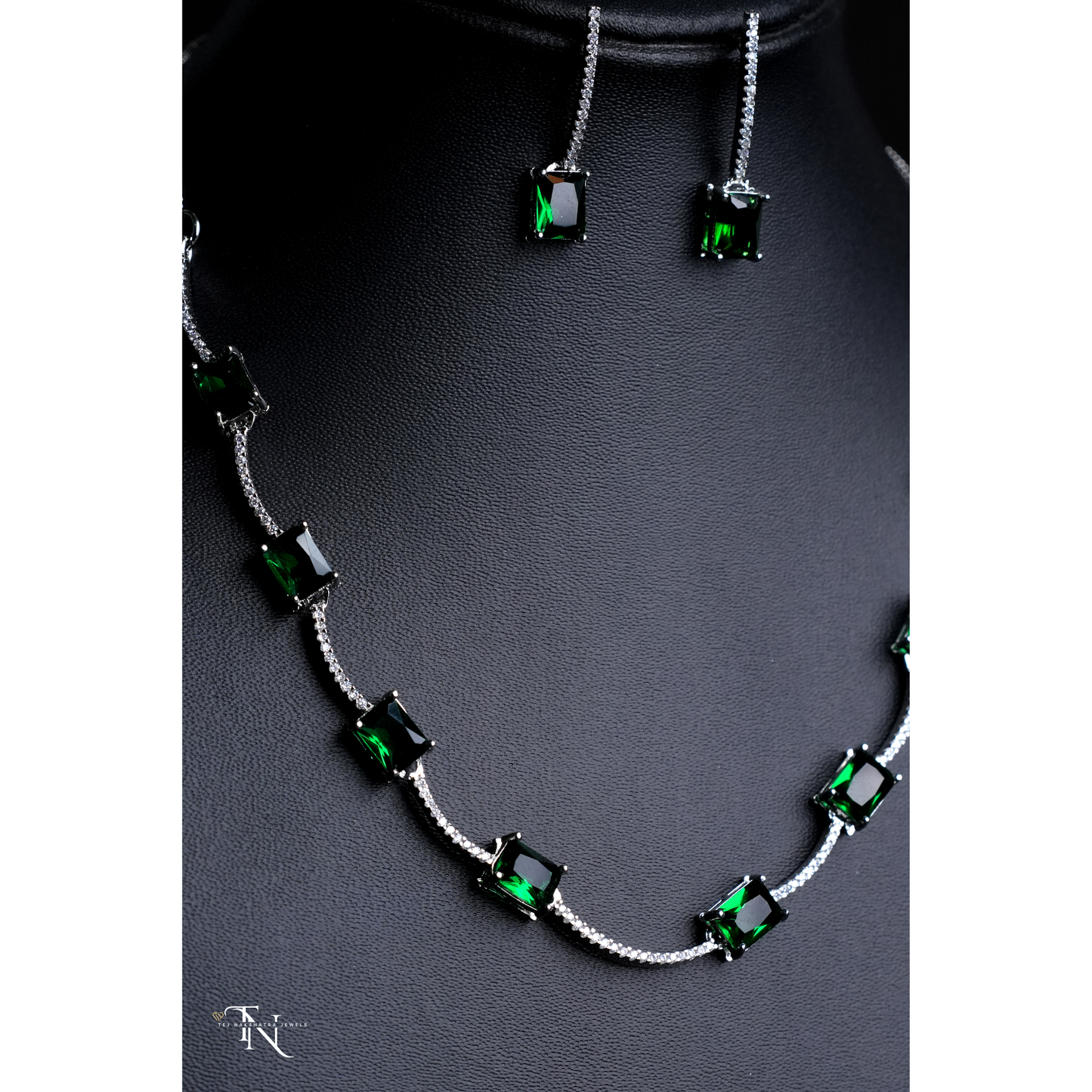 Simple & Sleek American Diamond Necklace with White & Green Stones