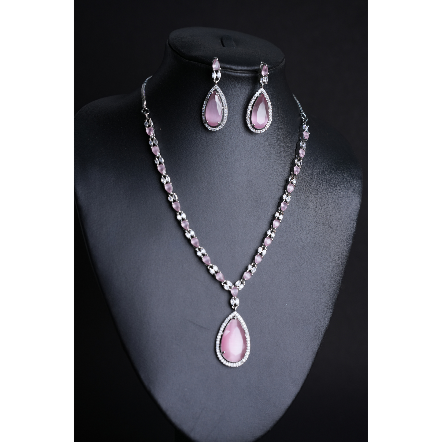 Sleek American Diamond Necklace with Light Pink & White Stone Pendant