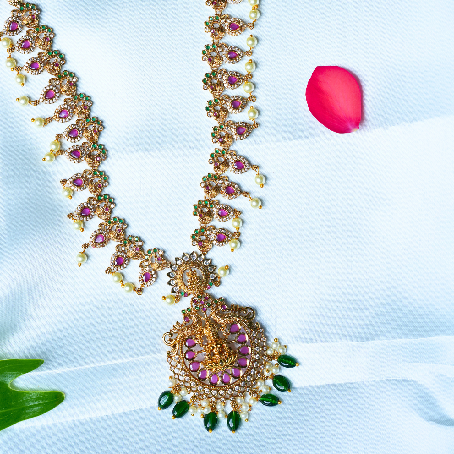 Classic Gold-Alike Long Haram with Green Beads and Pink Accents