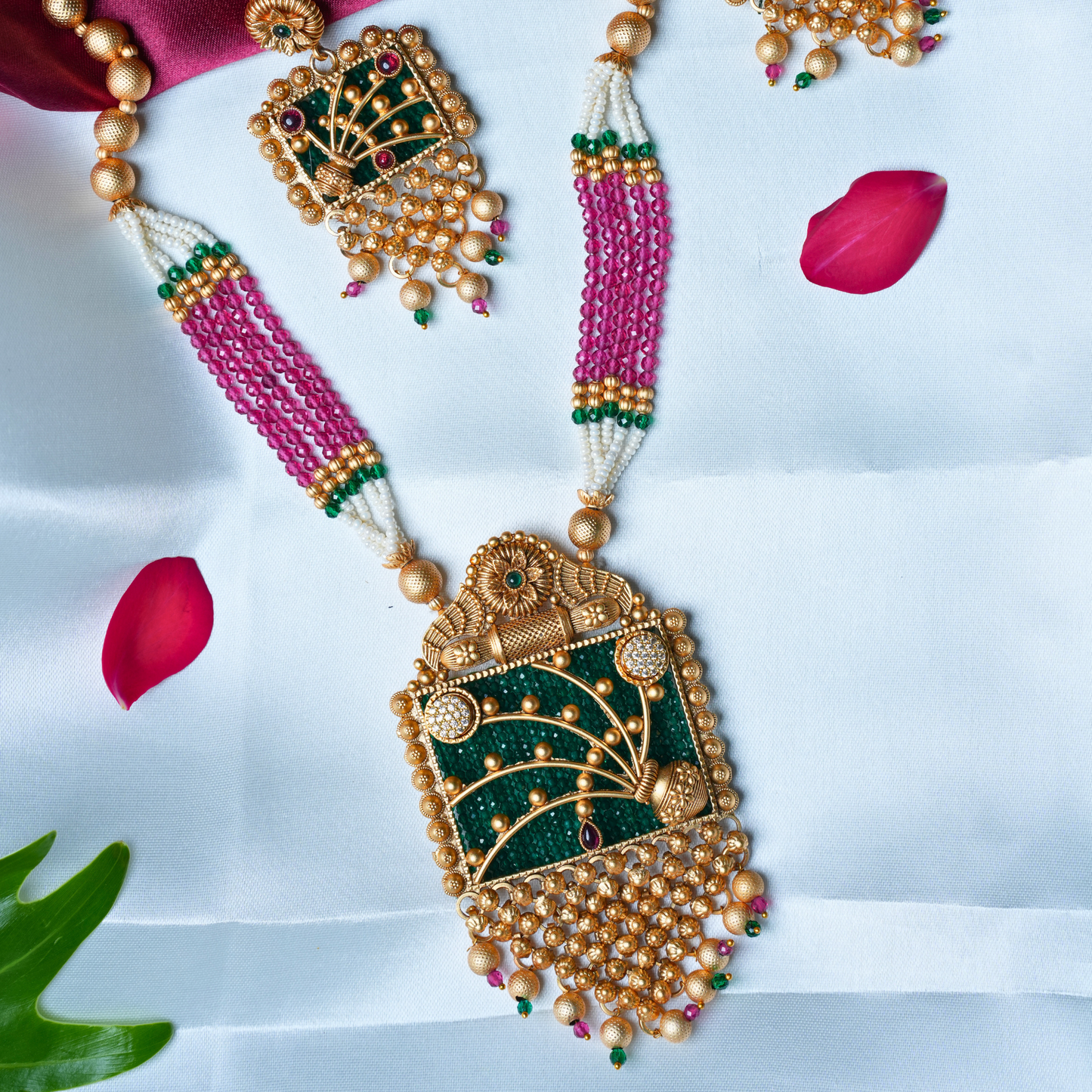 Latest Trendy Gold-Alike Long Haram with Green and Pink Beads