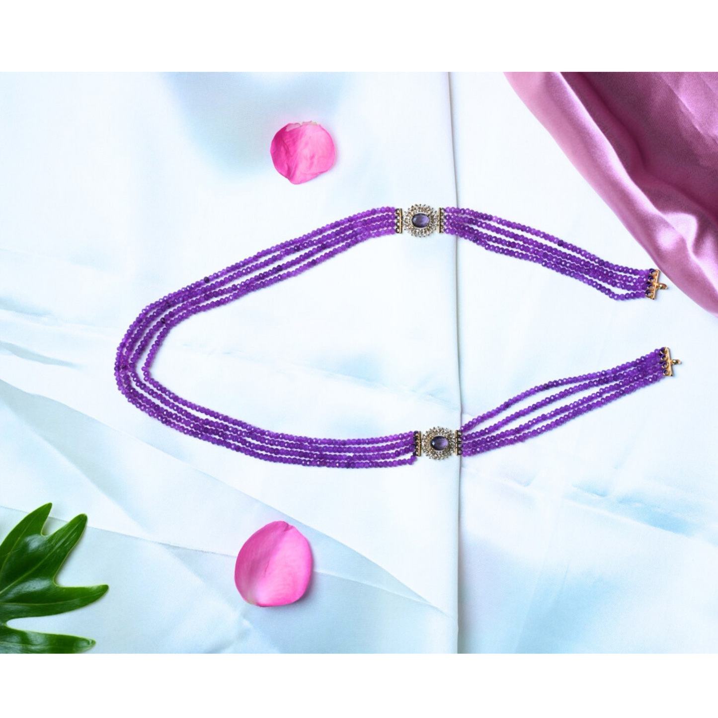 Stunning 4-Line Purple Bead Necklace with Side Brooch Detail – Timeless Charm