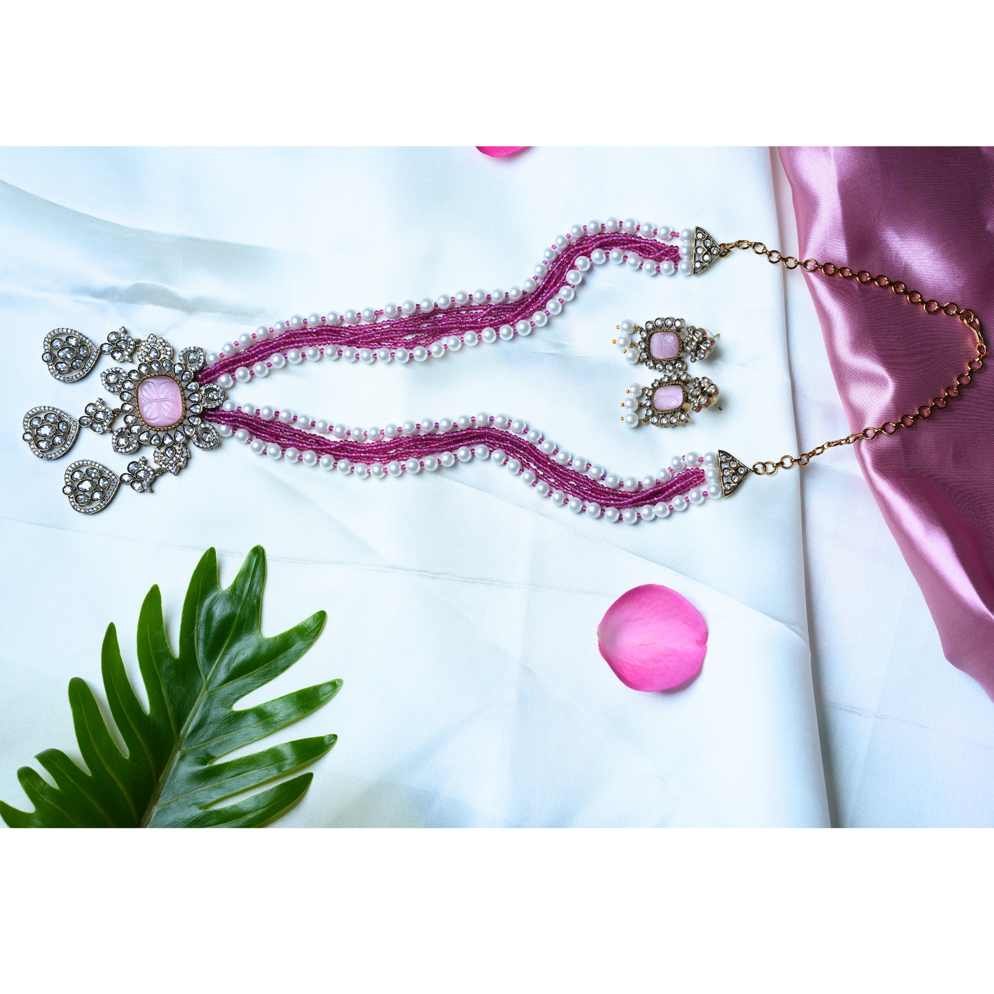 Radiant White Pearls and Pink Beads Haram with Moissanite Stone Centerpiece with Earrings