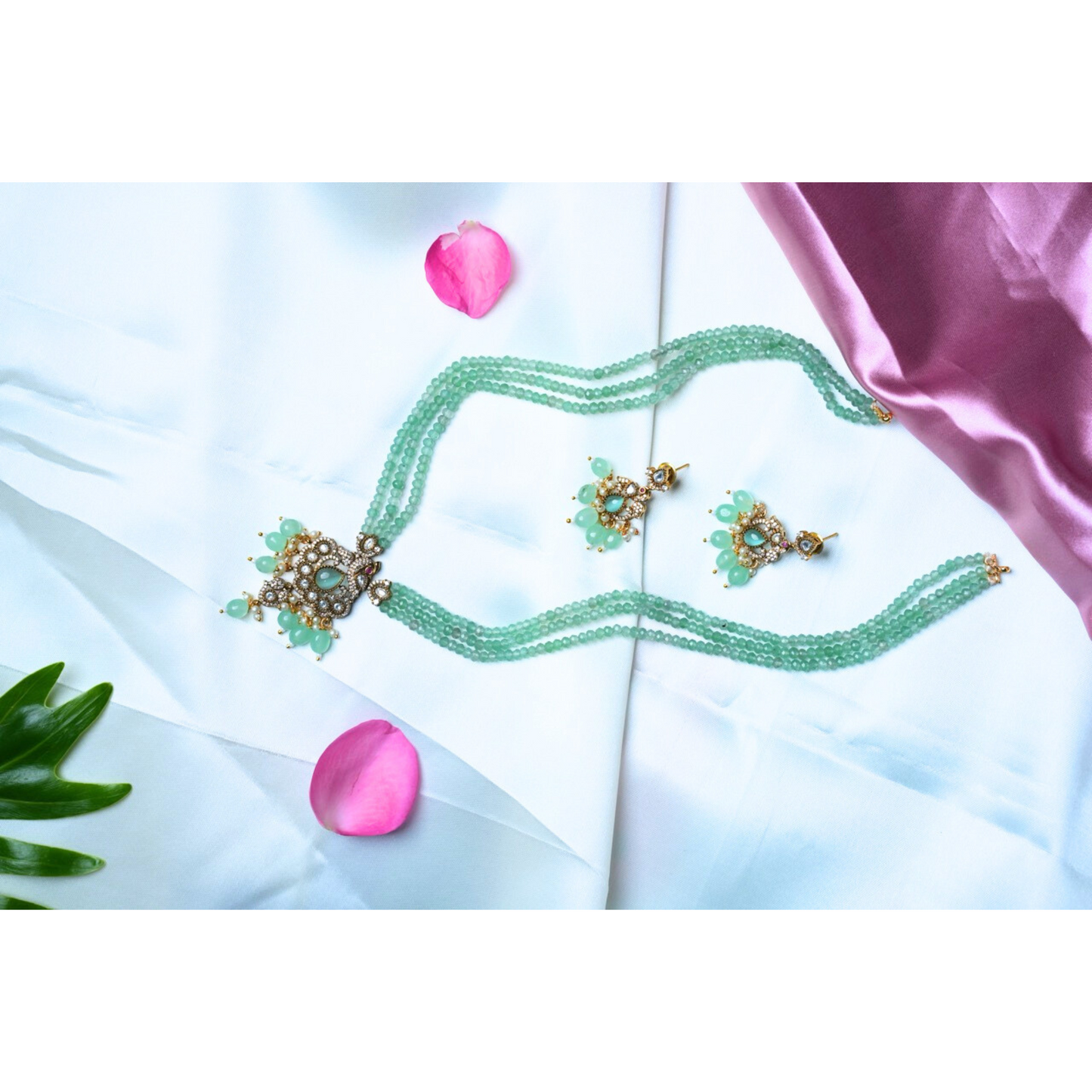 3-Line Mint Green Bead Haram Set with Intricate Victorian Pendant & Earrings
