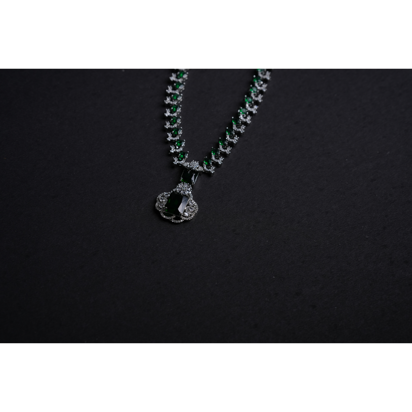 Neetha Ambani-Inspired Long American Diamond Necklace & Earrings Set with Green & White Stones