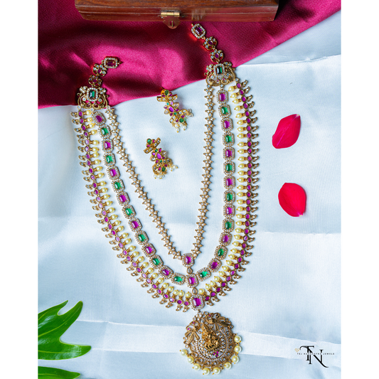 Elegant Designer Long Necklace Set with Multicolored Stones
