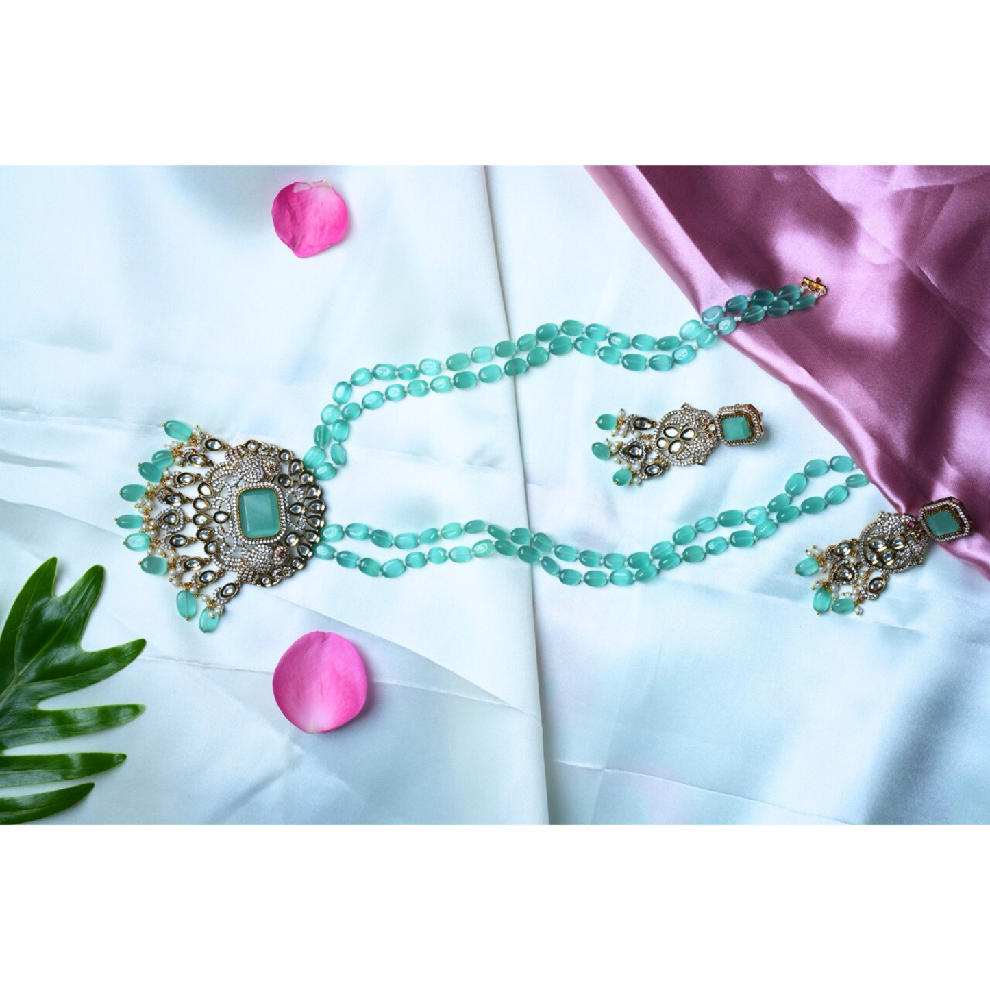 Mint Green Monalisa Bead 2-Line Haram Set with Earrings – Classic Elegance