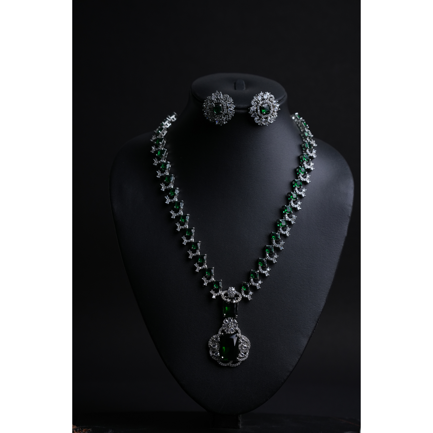 Neetha Ambani-Inspired Long American Diamond Necklace & Earrings Set with Green & White Stones