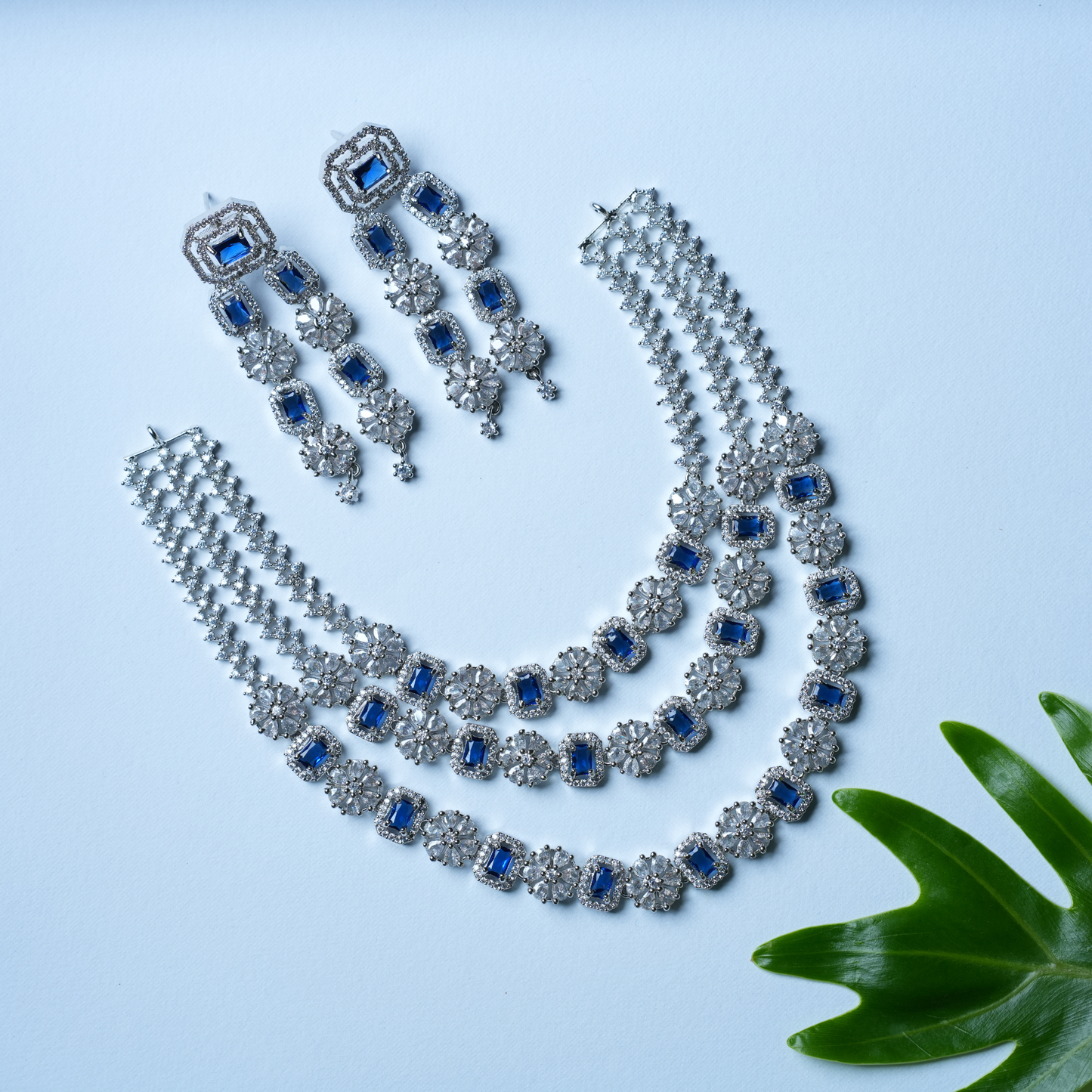 Glamorous 3-Layer Blue American Diamond Jewelry Set with Earrings