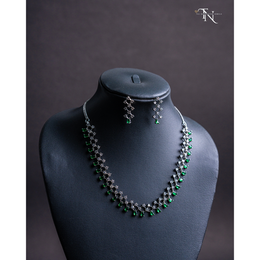 Elegant American Diamond Sleek Necklace with White & Green Stones