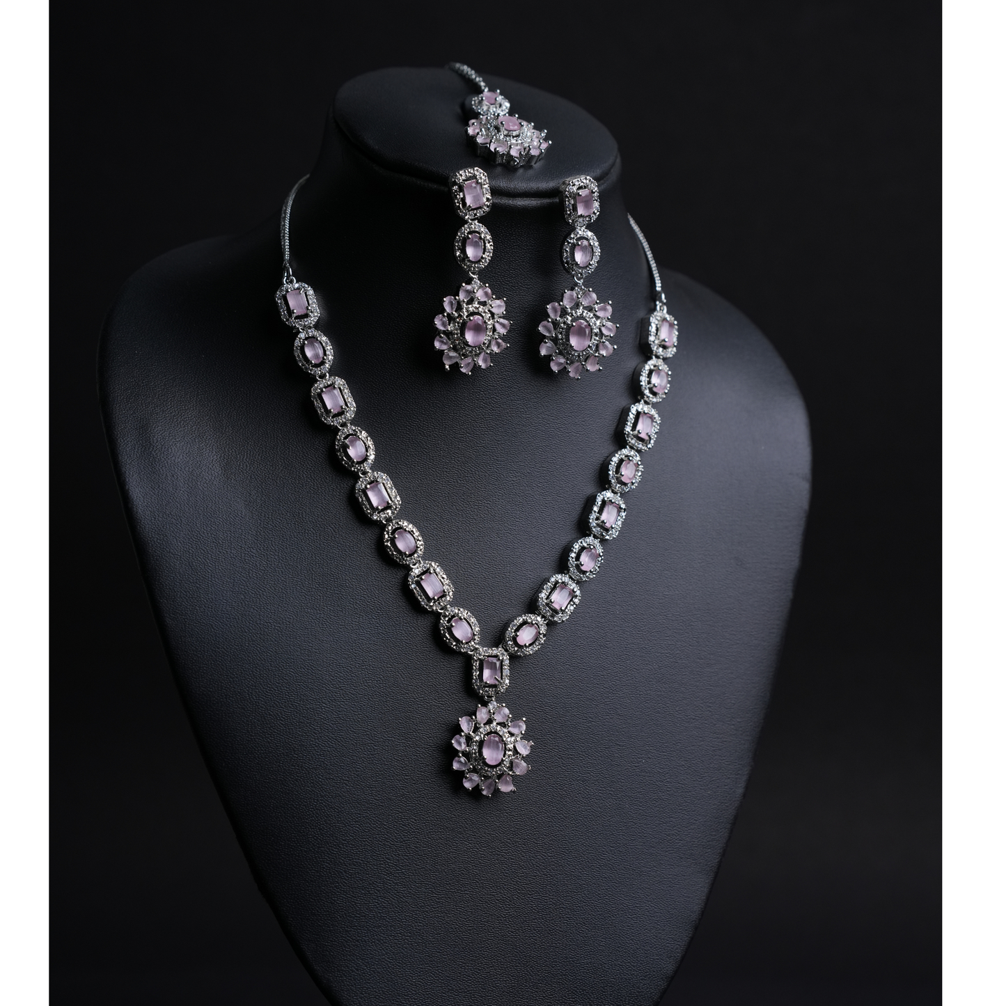 Elegant American Diamond Necklace, Earrings & Tikka Set with Light Pink & White Stones