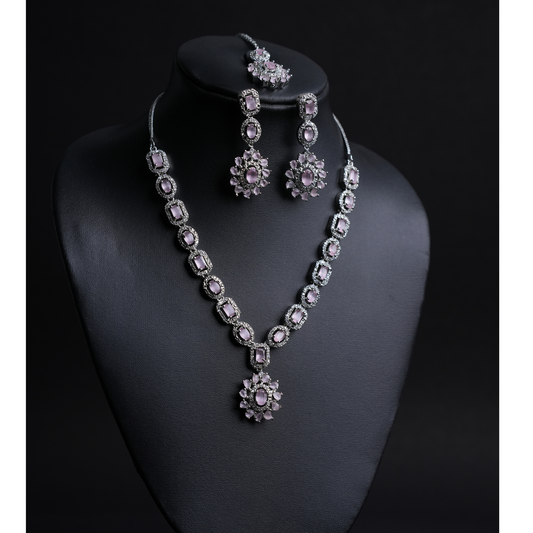 Elegant American Diamond Necklace, Earrings & Tikka Set with Light Pink & White Stones