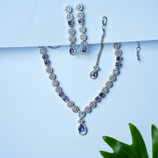 Lavender American Diamond Set with Earrings, Tikka – Chic & Sophisticated